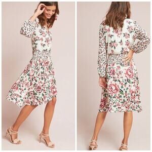 Farm Rio Anthropologie Floral Dress White Pink